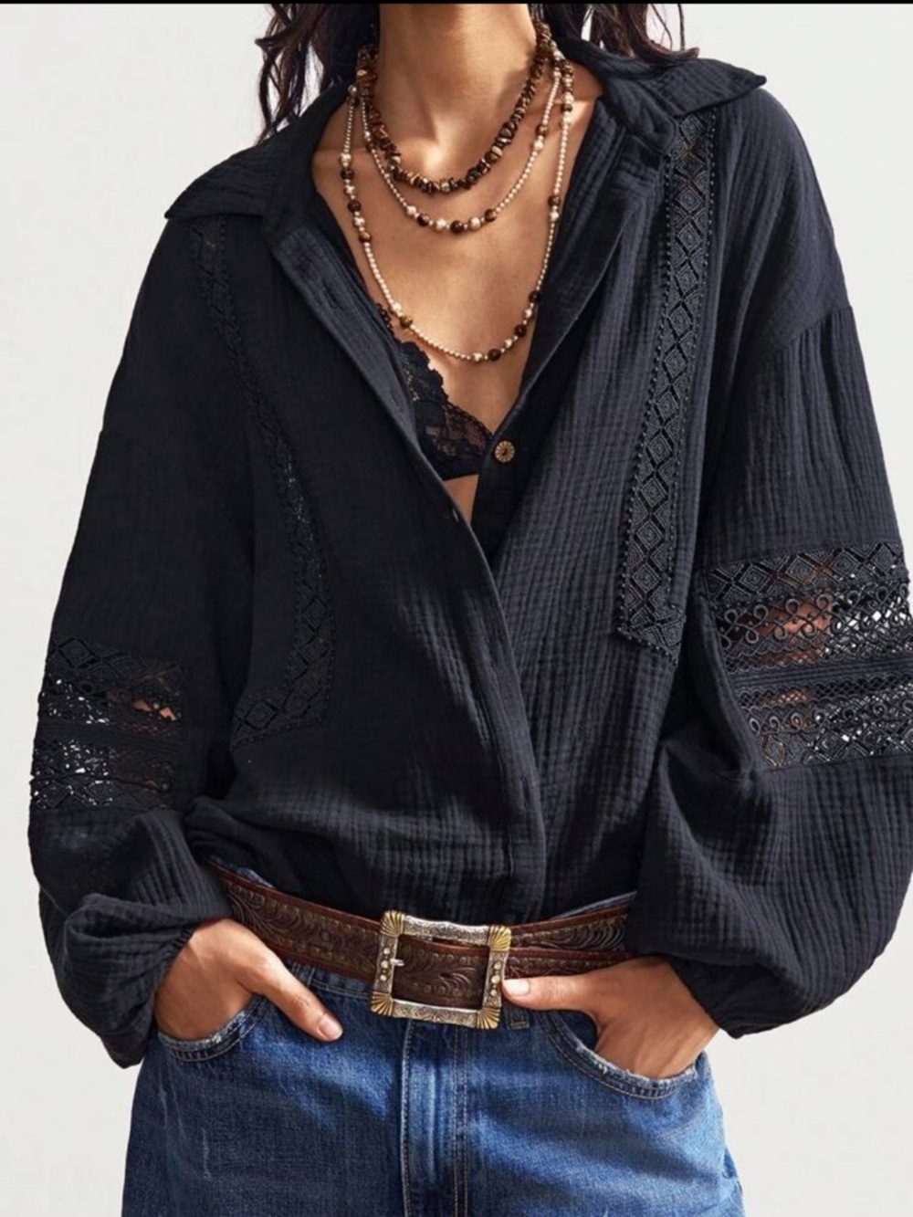 Boho Oversized Plus Size Lace Long Sleeve Button Down Up Shirt Top Blouse Black